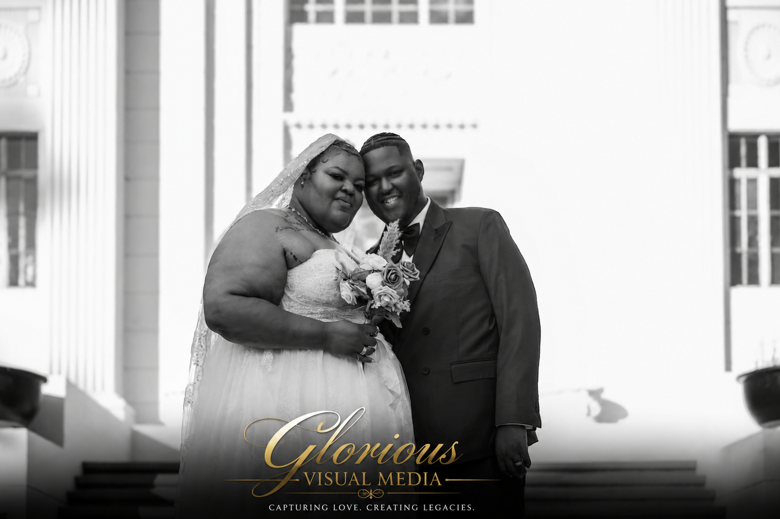 Black-and-white wedding portrait photographed by Glorious Visual Media